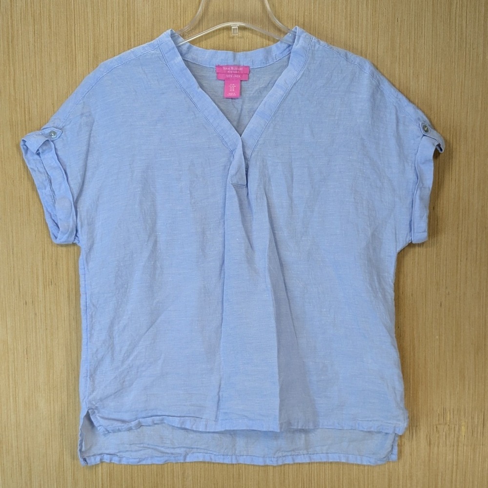 Isaac Mizrahi Womens 100% Linen Minimalist Top Size M Blue Short Sleeve V-Neck